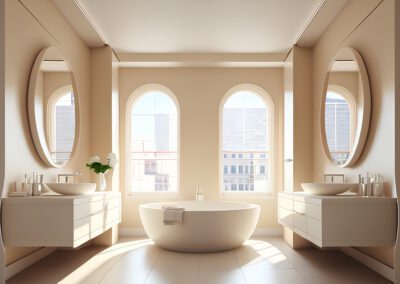 Bathroom interior with white tub and mirror. 3d render