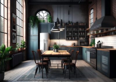 Interior of a loft style kitchen with a wooden floor and brick walls