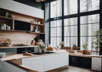 interior of modern kitchen with black and white furniture and wooden walls