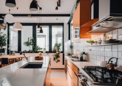 interior of modern kitchen with black and orange walls and wooden floor